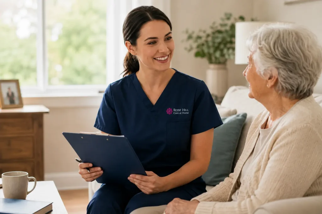 Caregiver supporting an older adult at home in Ontario | Rose Hill Care