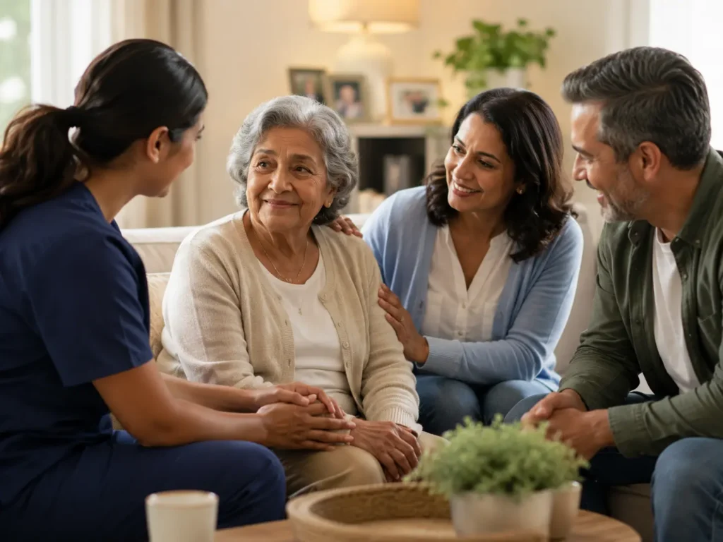 Caregiver supporting an older adult and family members at home | Rose Hill Care