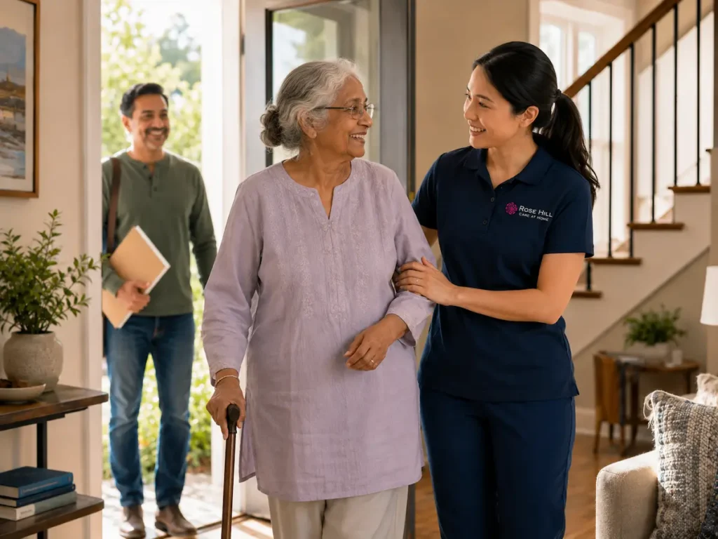 Caregiver assisting an older adult safely at home after hospital discharge | Rose Hill Care