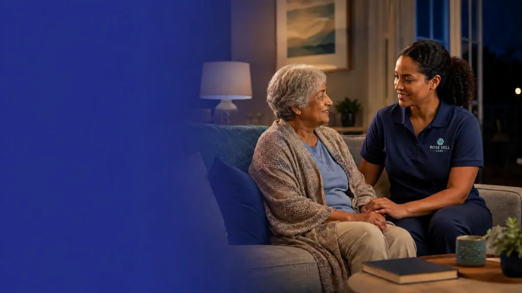 Caregiver providing evening support to an older adult at home | Rose Hill Care