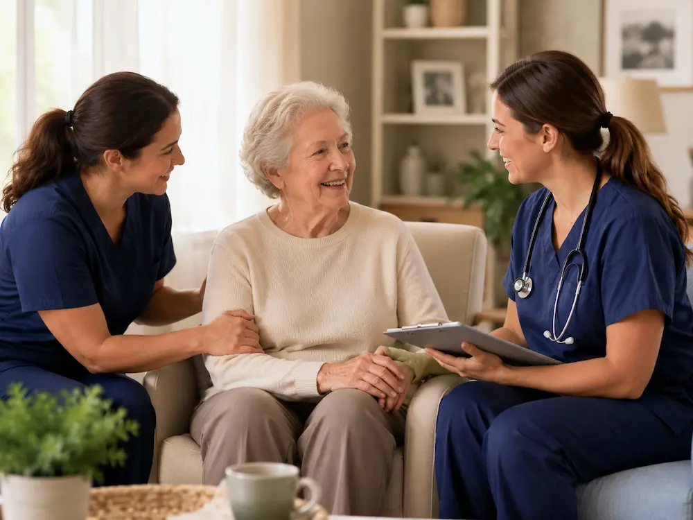 Registered Nurse and Personal Support Worker working together to support a senior at home in Ontario | Rose Hill Care